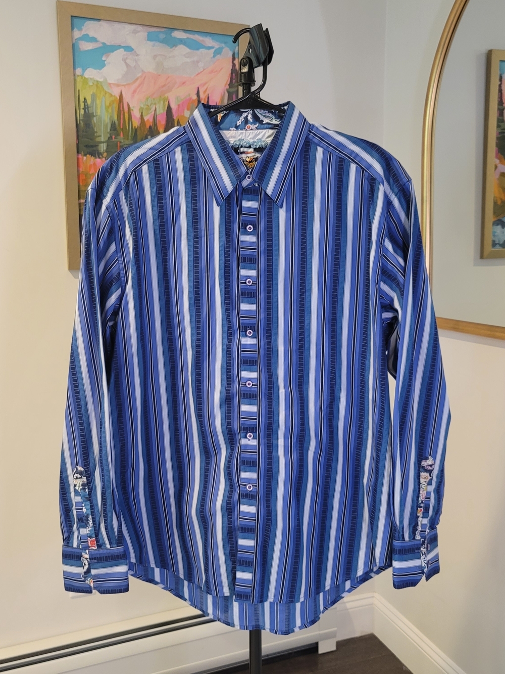 ROBERT GRAHAM Cotton Blue Striped Button Up Shirt  Contrast Cuffs Men's Size 2XL